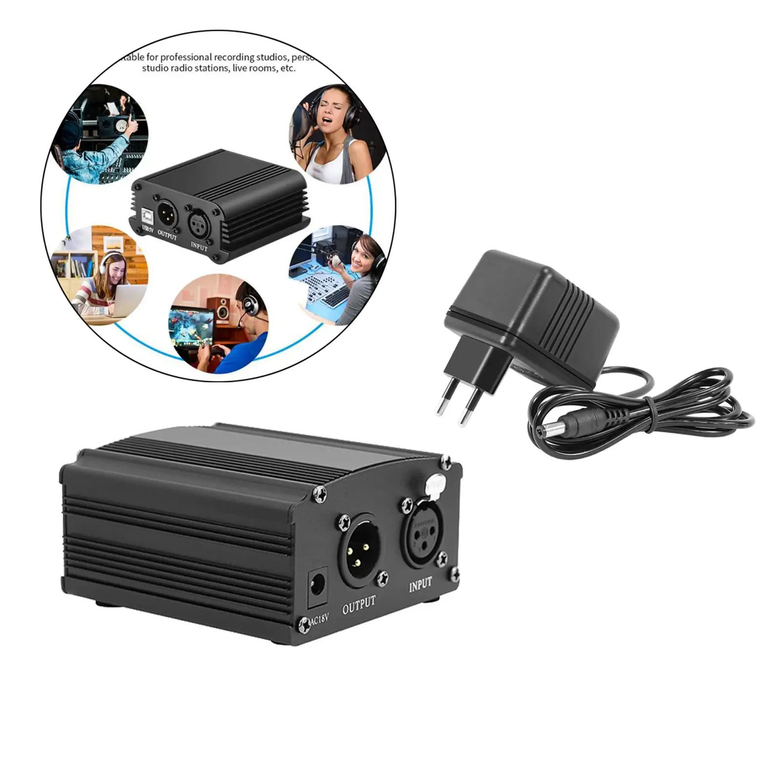 

48V Phantom Power Supply with Charging Cable for Microphone Music Recording