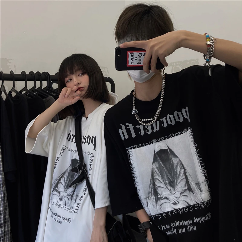 

Summer Short Sleeve Top Black Dark Pattern Print Punk Hip Hop Korean Cotton T-Shirt Women Harajuku Vintage Streetwear Clothes