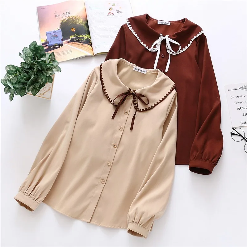 

Peter Pan Collar Bow Tie Tops Cute Sweet Preppy Style Girls Japan Design Retro Vintage Top Women Single Breasted Basic Shirts