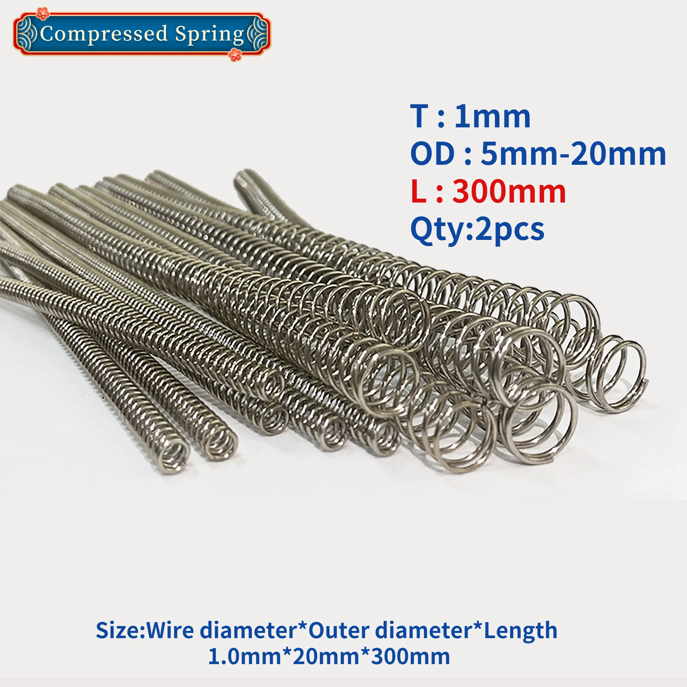 

2Pcs Compressed Spring Pressure Spring Wire Diameter 1mm Outer Diameter 5mm-20mm,Length 300mm Release Spring Return Spring