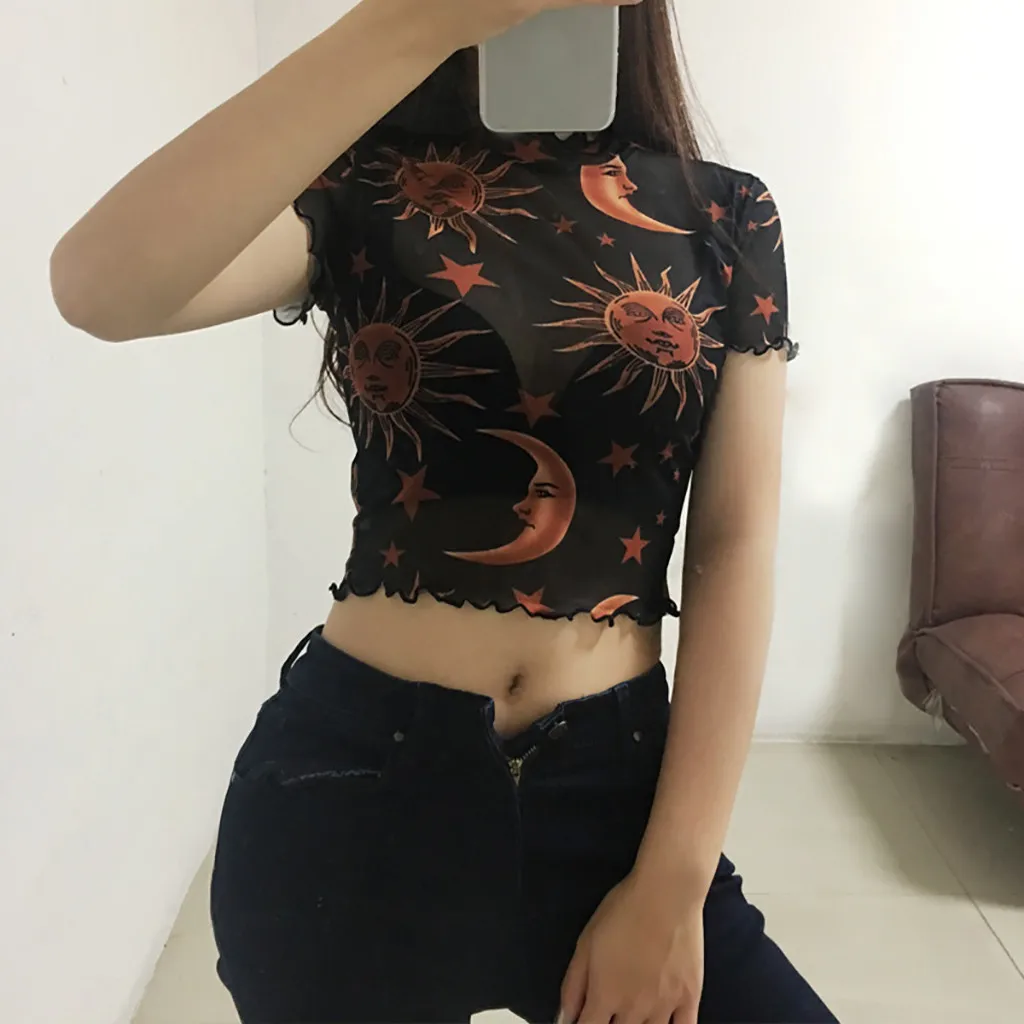 Женский прозрачный сетчатый топ укороченный с коротким рукавом и высоким