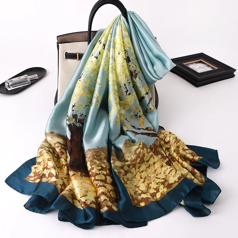 

Long Silk Scarf Women Foulard Beach Shawls and Wraps Pashmina Summer Travel Scarves Design Print Bufanda 2021 New