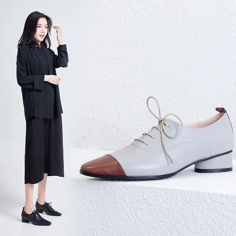 women pumps Natural leather 22-24.5cm Colorblock English Leather Shoes Inside and outside full womens shoes pointed toe | Обувь