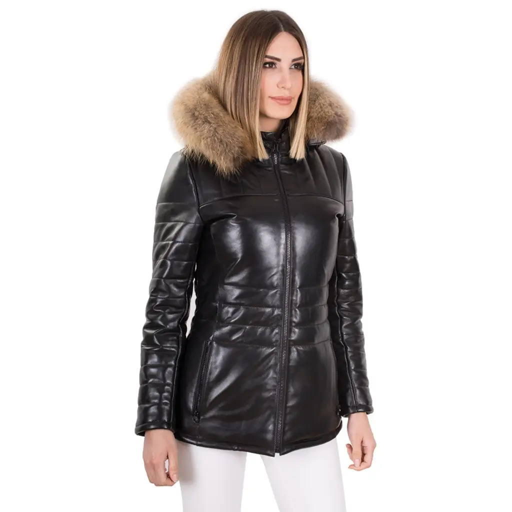 Women's collar fur leather jacket winter black color waterproof leather jacket genuine sheepskin long overcoat warm