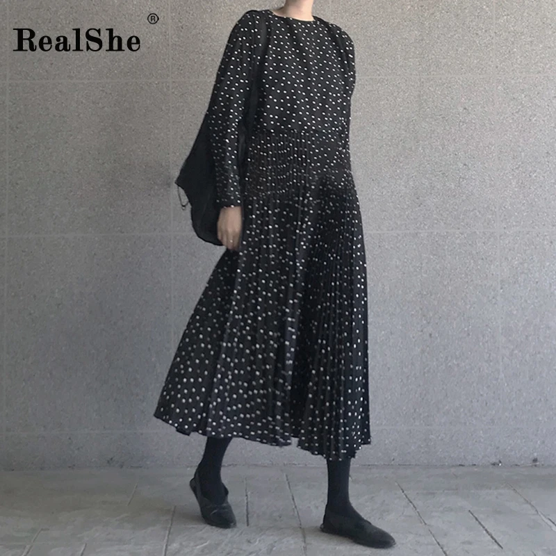 RealShe женское платье 2019 с О образным вырезом и длинным рукавом в горошек