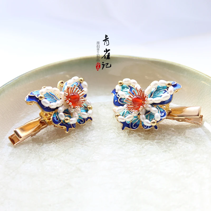 

Handmade Butterfly Pearl Clip a Pair of Hairclips Duckbill Clip Antique Style Chinese Clothing Hair Accessories Women's
