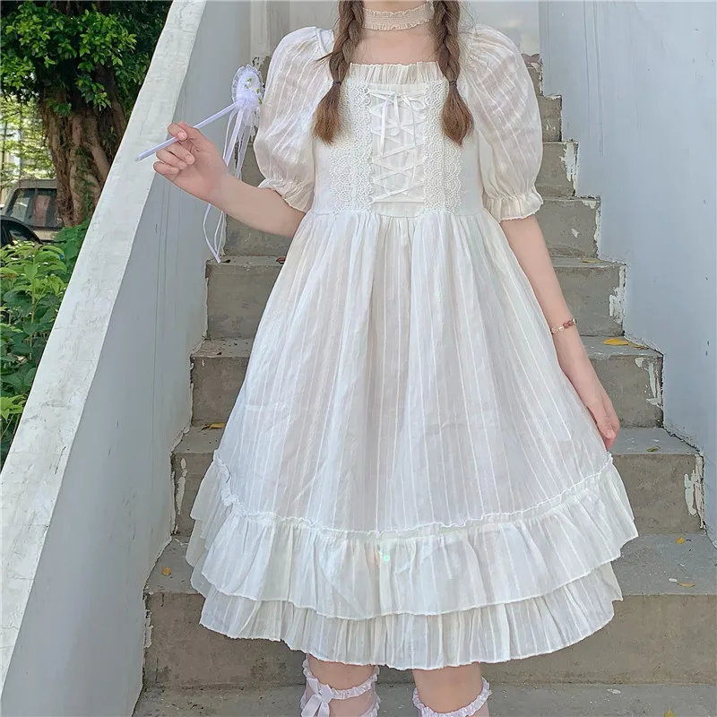 

2021 Summer Elegant White Women Dress Japanese A-Line Square Collar Puff Sleeve Mid-Calf Dress Sweet Girly Splicing Women Dress
