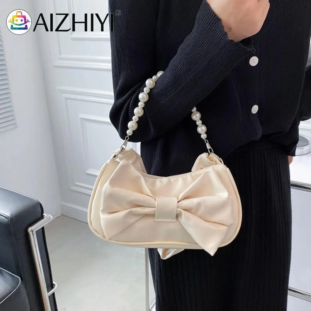 

Summer Fashion Women Pleated Bowknot Shoulder Bags Casual Ladies Pearl Chain Small Purse Solid Color Clutches