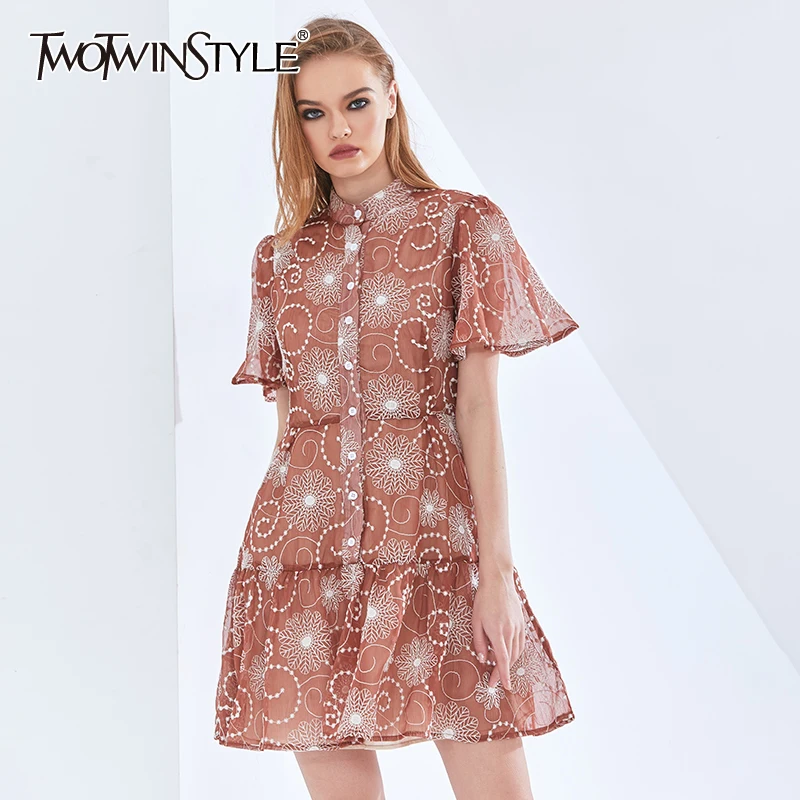 

TWOTWINSTYLE Print Perspective Summer Dress For Women Short Sleeve High Waist Elegant Oversized Dresses 2021 Womens Clothing