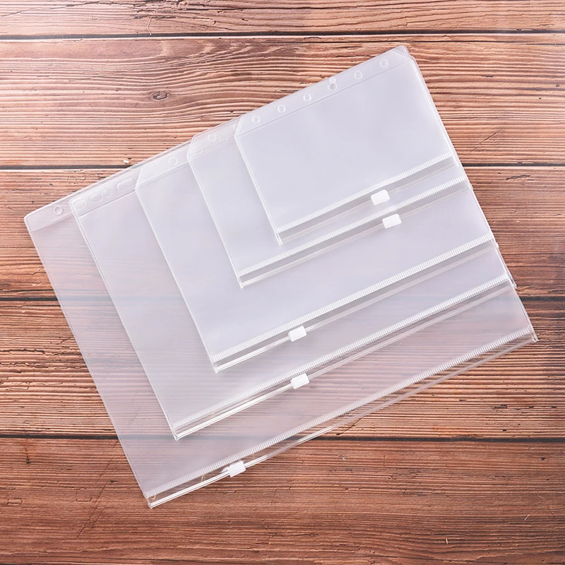 1pc A4 A5 A6 A7 B5 File Holders Standard 6 Holes Transparent PVC Loose Leaf Pouch with Self-Styled Zipper Filing Product Binder