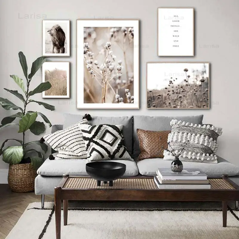 

Scandinavian Poster Reed Nature Landscape Canvas Painting Leopard Lion Animal Wall Art Nordic Style Picture for Home Decor