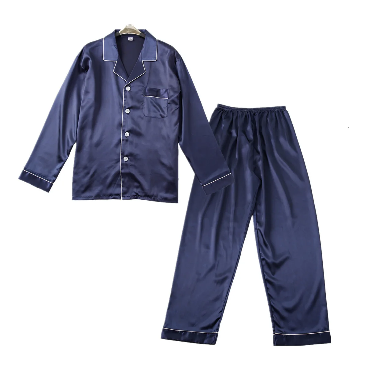 

New Men's Solid Color Pajamas Simulation Silk Suit Long-sleeved Trousers Color Matching Pajamas Set Causal Homewear Yukata