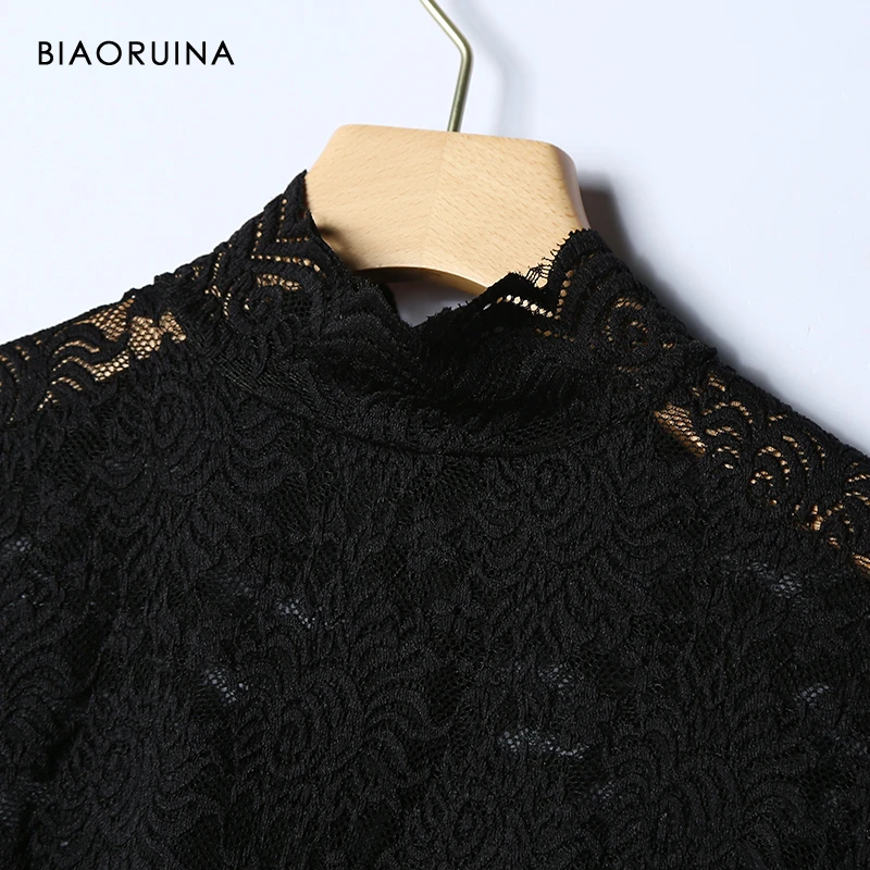 BIAORUINA 3 Colors Women's Solid Sexy Hollow Out Lace Turtleneck Blouse Ladies Elegant All-match Tops One Size | Женская одежда