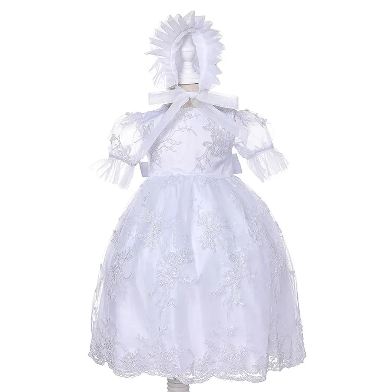 Белое кружевное платье с оборками для новорожденных девочек крещения вышивкой