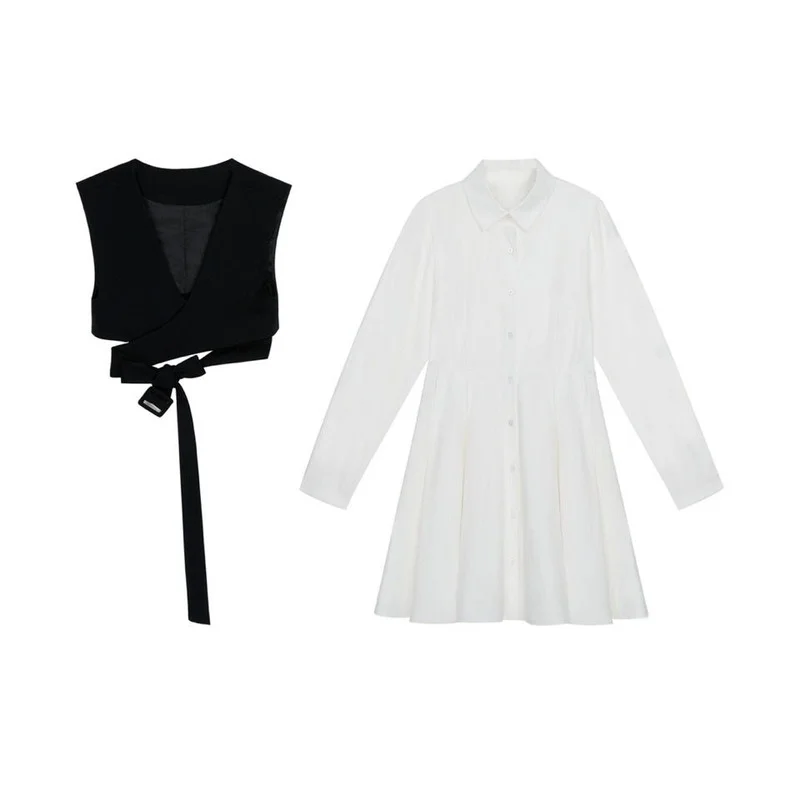 

QWEEK White Shirt Dress Women Spring 2021 Fashion Women Korean Style Pleated Long Sleeve Office Lades Dresses for Women Elegant