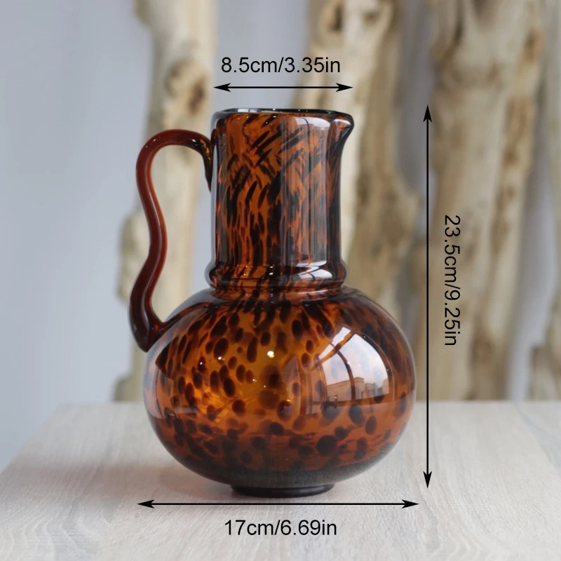 

European and American simple caramel amber leopard print single ear handmade glass vase modern simple home decoration ornaments