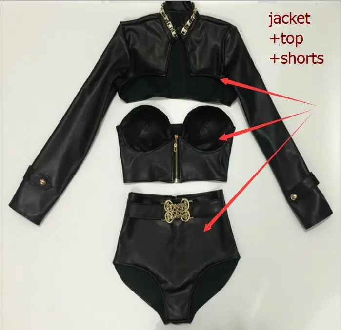 3 piece sets Новые женские Джазовые хип-хоп танцевальные костюмы из искусственной кожи, черно-белые костюмы для ночного клуба, бара, певицы, команды для выступлений, наряд для фестиваля - Цвет: 3 piece sets