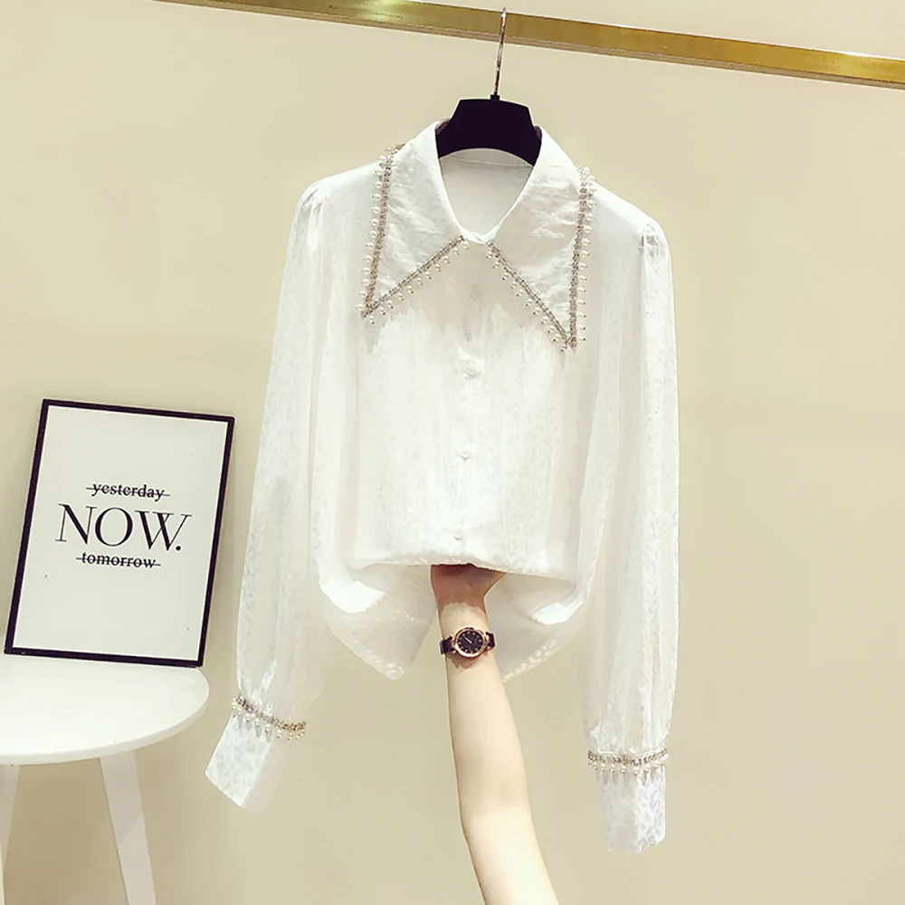 

Fashion Elegant Pearl Beading Turndown Collar Blouses Women Casual Office Lady Loose Top Puff Long Sleeve Autumn Spring Shirts