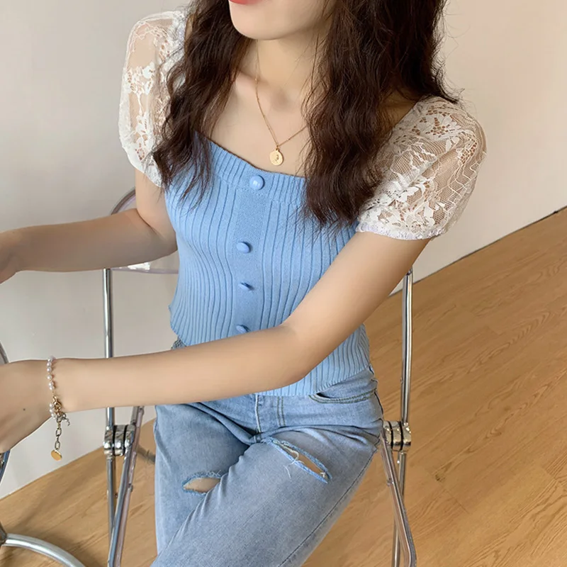 

Polyester Tee Shirt Women Clothing Top Summer Patchwork Short T Shirts Women Square Collar Short Sleeves Harajuku Slim Blouse