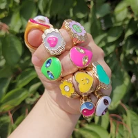 lost lady multicolor cute enamel heart rings vintage yin yang alien face finger rings for women girls fashion jewelry gifts