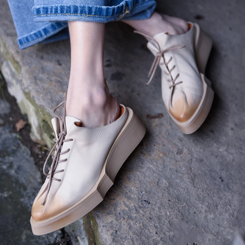 

Шлепанцы Artmu женские из натуральной кожи, танкетка, закрытый носок, на шнуровке, Уличная обувь, тапки на платформе