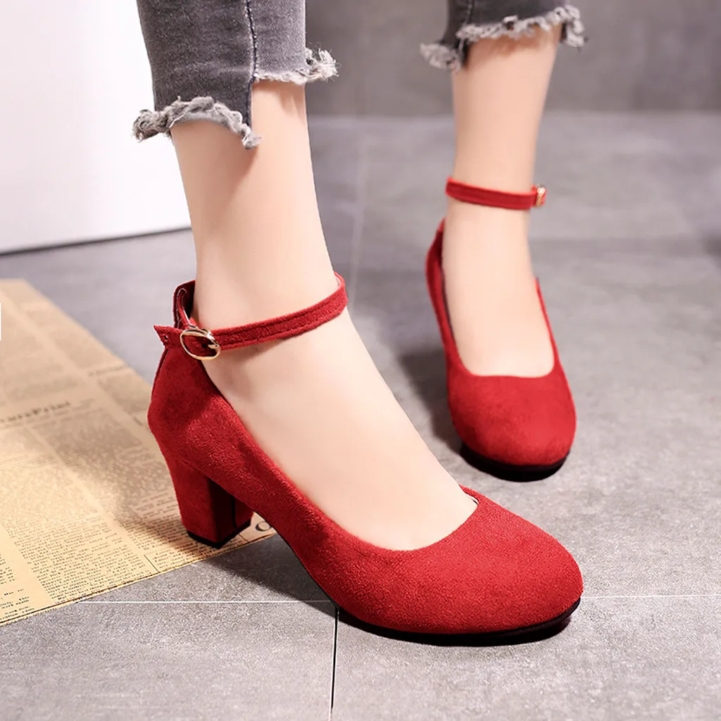 

Solid Ladies High Heel Shoes Buckle High Heels Pumps Ladies Shoes Flock Spring Autumn Square Heel Shoes Heels Shoes