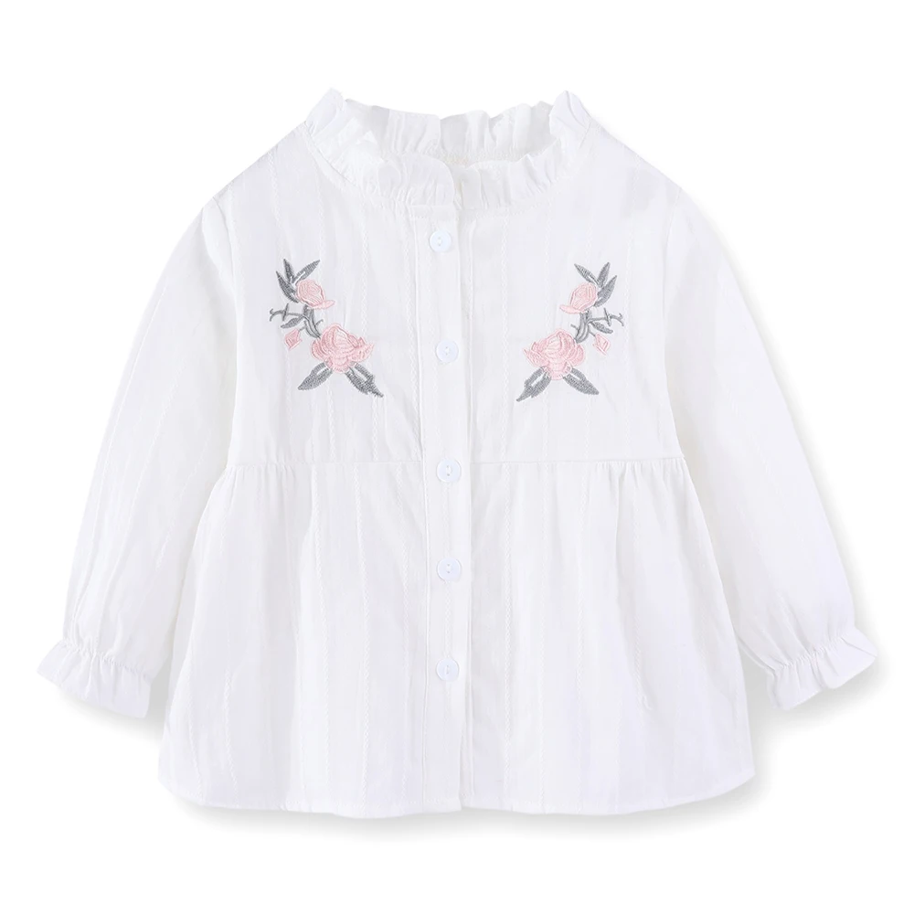 

LittleSpring White Blouse for Girls Cotton Long Sleeve Embroidered Bow Cute Ruffle Shirts Tops Girls Clothes