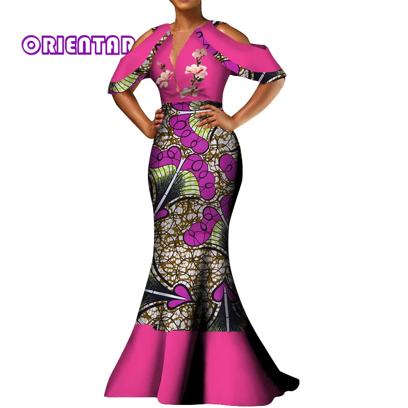 Женское платье в африканском стиле с вощеным принтом глубоким V-образным вырезом