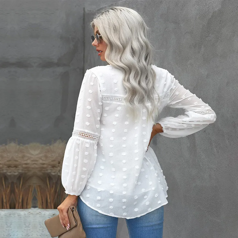 

Solid Color Shirt Women 2021 Spring Autumn New Fashion V-neck Pullover Ladies Lace Shirt Femeal JD1084