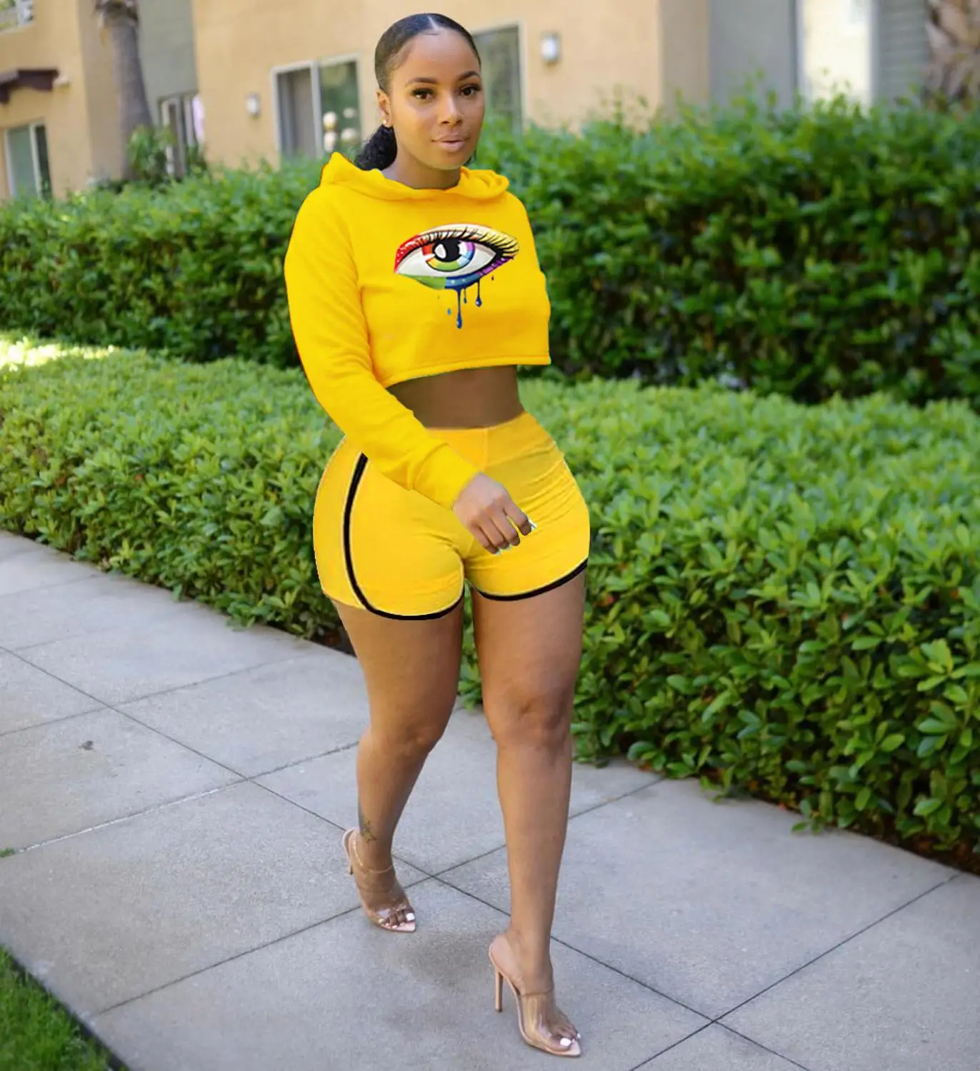 

Casual Sport Wear Women's Suit Hot Sale Spring Leisure Femme O Neck Long Sleeve Eyes Print Short T-shirt Top And Shorts