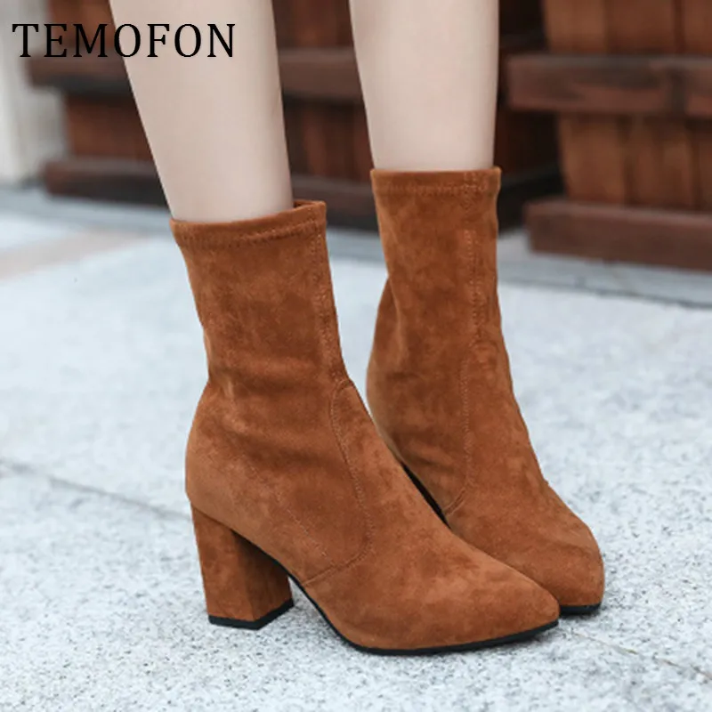 Эластичные носки Ботинки Женская обувь Ботильоны с острым носком Зимняя женская