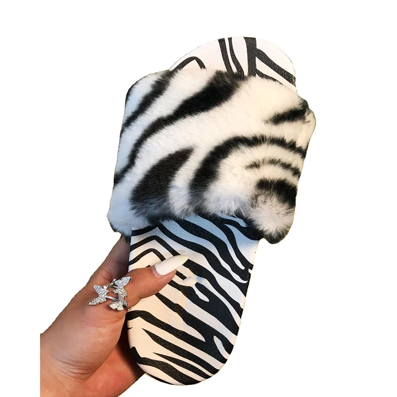 

Sexy Leopard Women Furry Slippers Faux Fur Non-slip Platform Sandals Casual Flats Sandals Slip On Women Chaussures