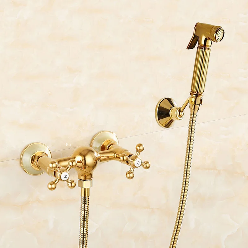 

Bidet Shower Taps Gold Brass and Jade Toilet Bidet Faucet Muslim Ducha Higienica Hot and Cold Water Bathroom Shower Mixer Tap