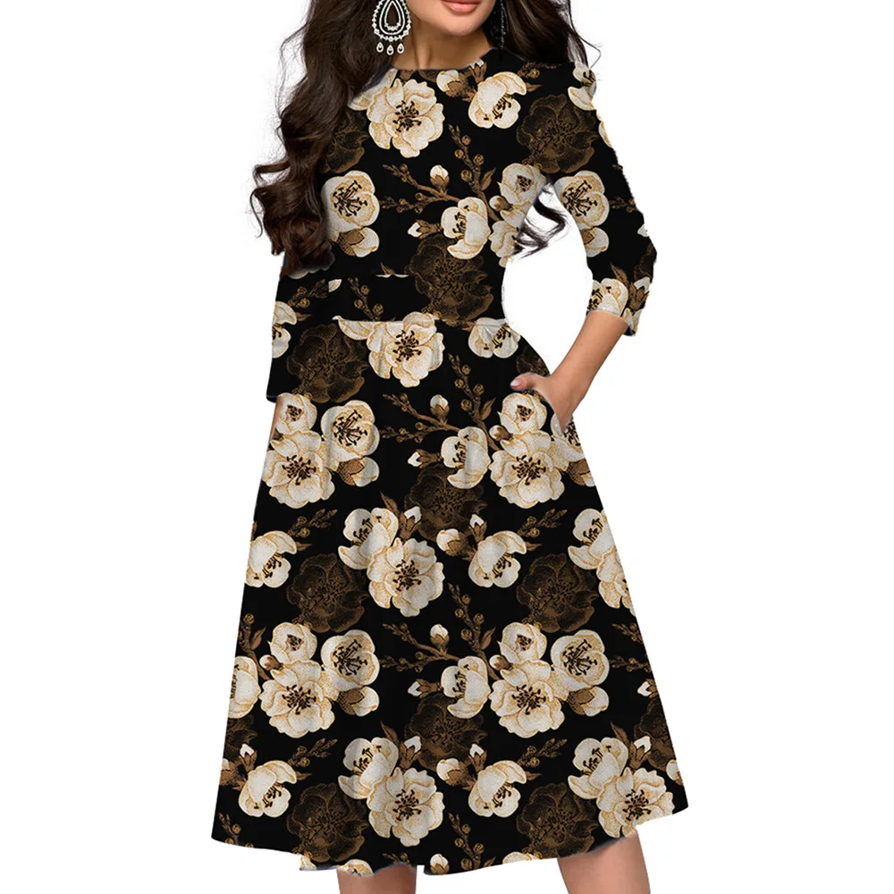 

2020 Europe and the United States spring and summer new women's printed seven-point sleeve black dress