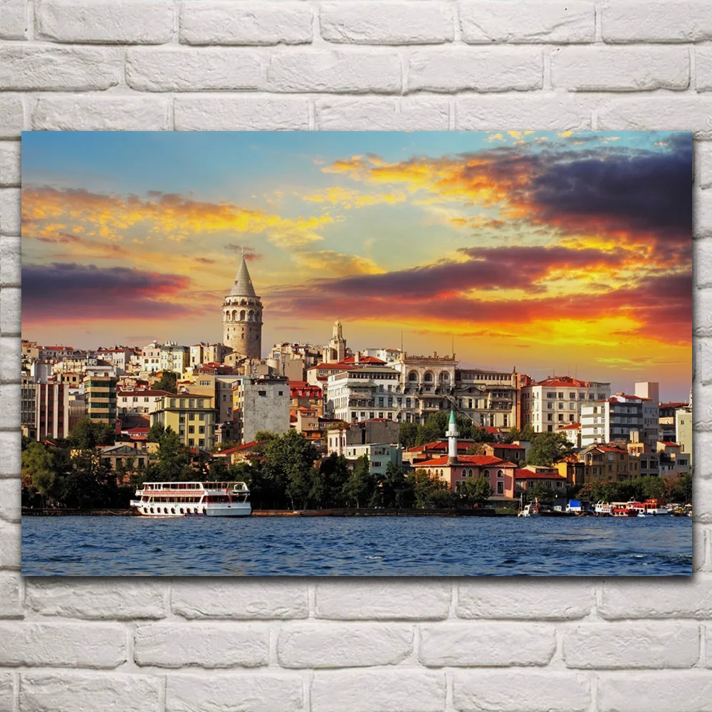 

Beautiful sunset istanbul turkey sea coast cityscape fabric posters on the wall picture home art living room decoration KQ287