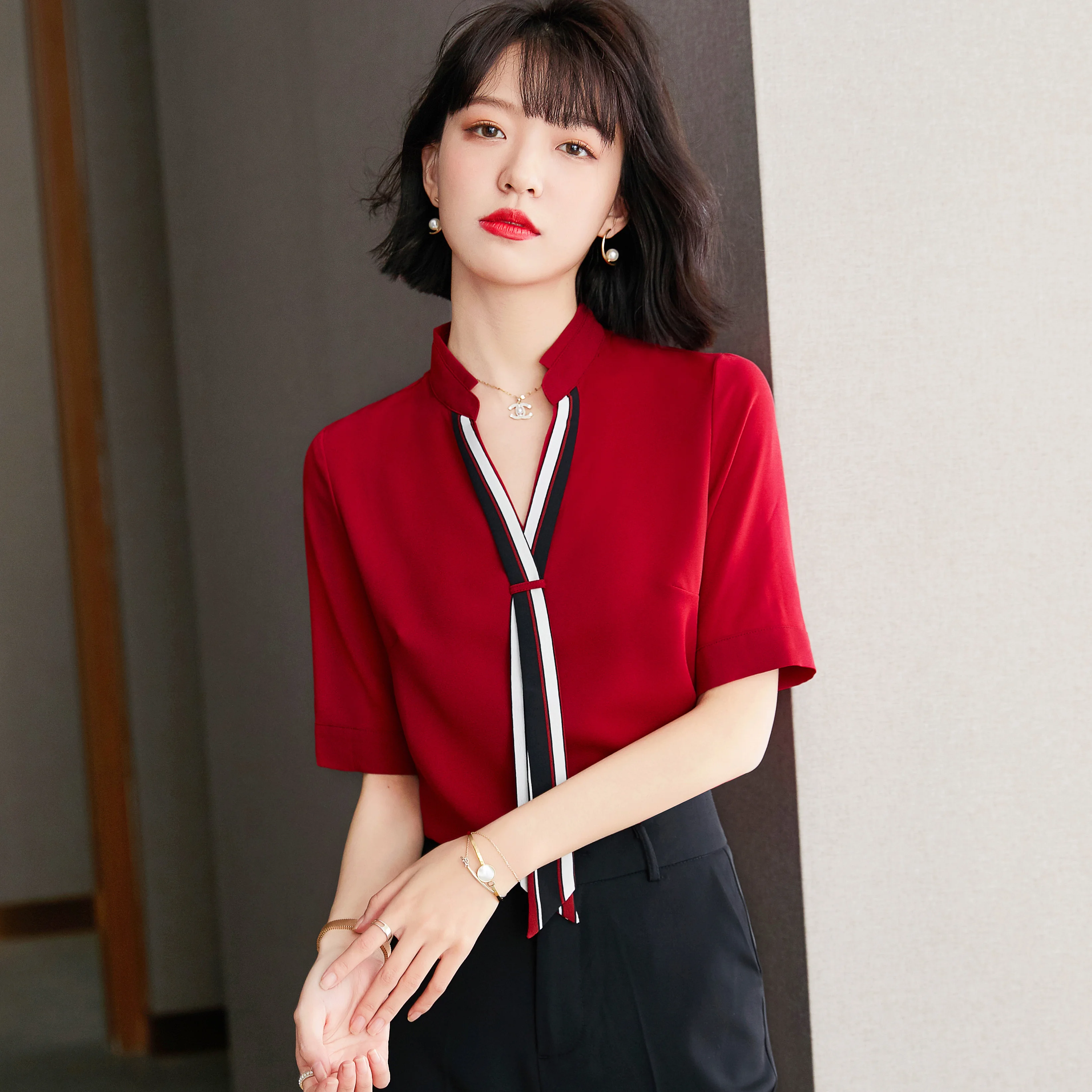 

Fashion V-neck Shirt Short Sleeve 2021 summer wear professional temperament tie chiffon shirt foreign style red top