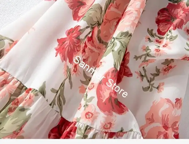 

Women Bow Tie Floral Dress Sleeveless Spaghetti Strap High Waist Slash Neck Ruffles Holiday Style Dress 2020 Spring Summer