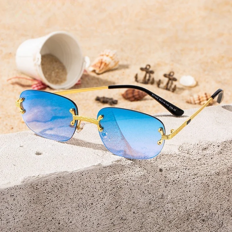 

New Rectangle Blue Sunglasses Frameless Rimless Men 2021 High Quality Square Metal Sun Glasses Women Mirror Sea Summar Style