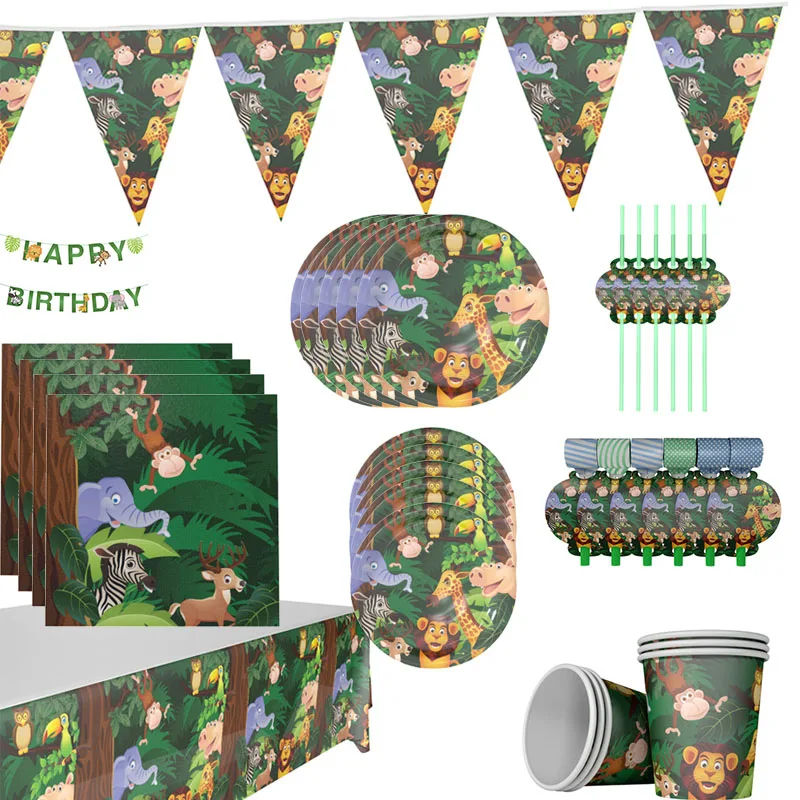

Cartoon Jungle Animal Theme Party Birthday Decoration Kids Disposable Tableware Set Decorative Balloon Party Supplies