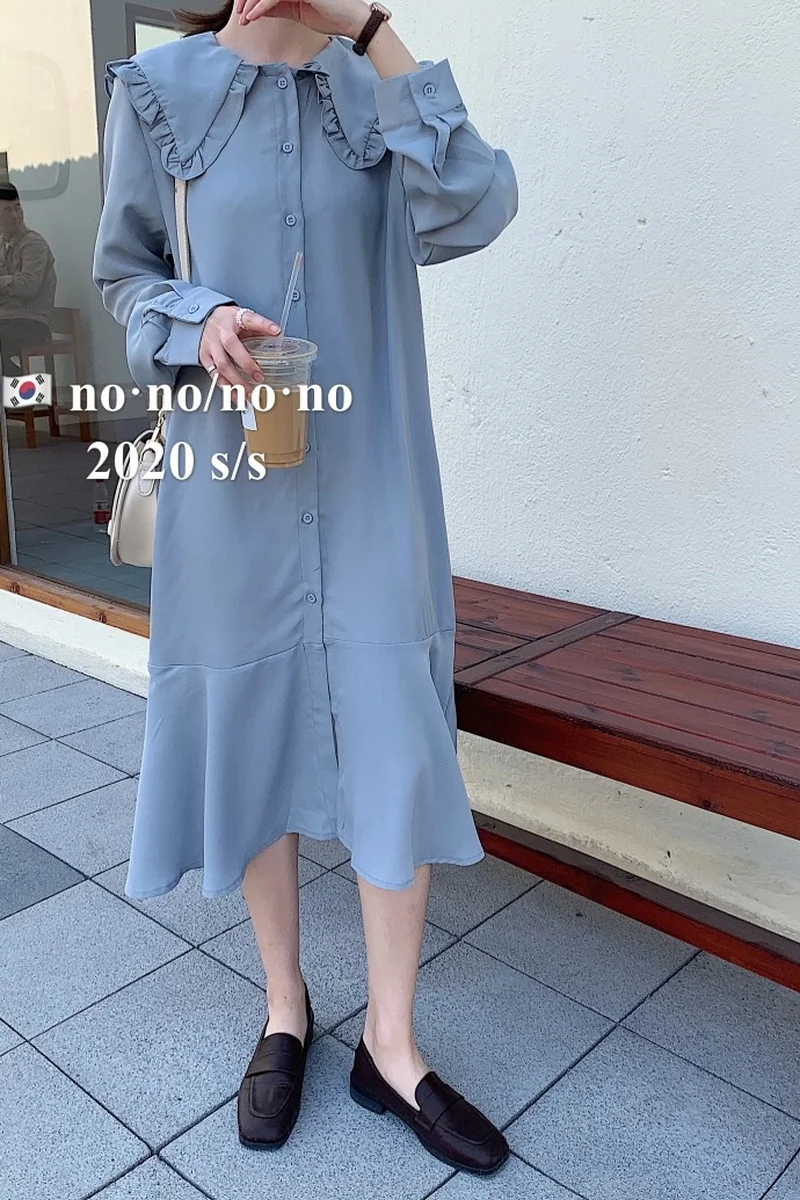

ZOSOL Korea Casual Versatile 2020 College Style Frilled Fold-down Collar Loose-Fit Fishtail Dress Women's Fashion Dress