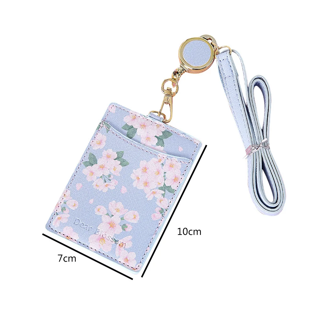 

Newest Cherry Flowers PU Card Holder Retractable Lanyard 2 Bits Card Bag Women Identity Badge Reel Rope Card Case ID IC Holders