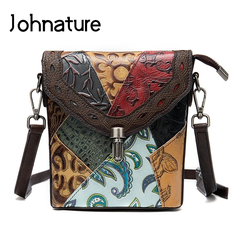 Женские сумки через плечо Johnature из воловьей кожи с тиснением в стиле ретро