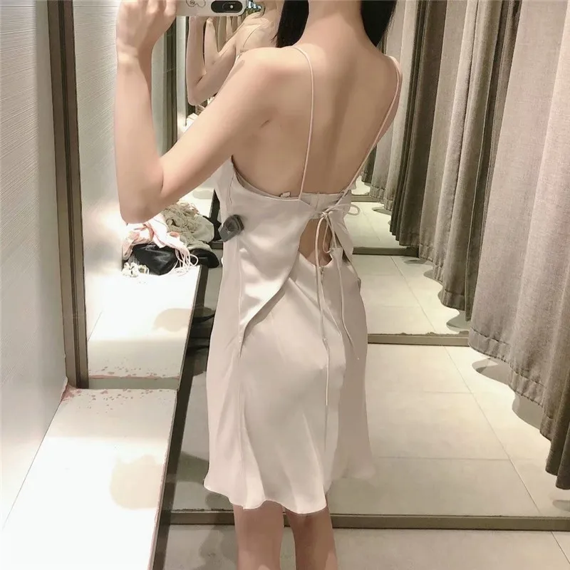 

Za Satin Mini Summer Dress Women 2021 Sexy Straps Sundress Fashion Sleeveless Backless Evening Dresses Back Zip Vestidos
