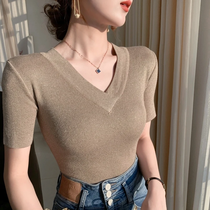 

2021Fashion Spring summerV-neck bright silk Short sleeve sweater women's pullover sweater Slim bottoming shirt