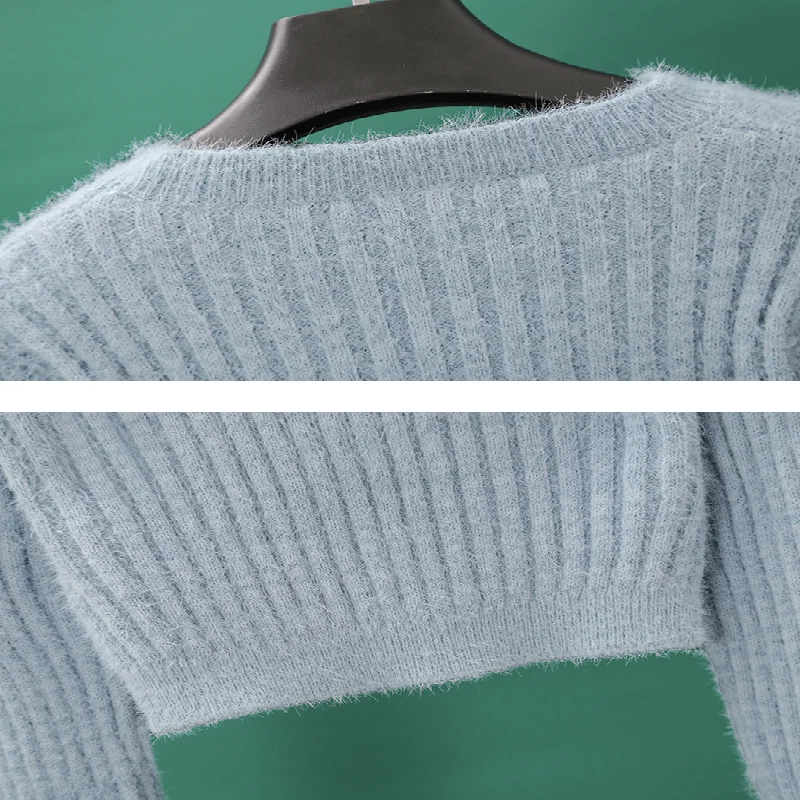 Пушистые свитера женские пуловеры укороченные топы с круглым вырезом облегающие