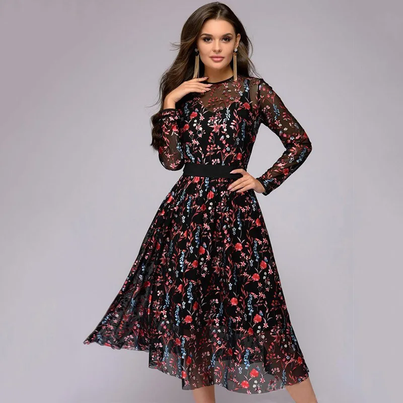 

Fannic Vintage Printed Embroidery Dresses for Women Round Neck MeshThin High Waist A-Line Black Dress Spring and Autumn 2021