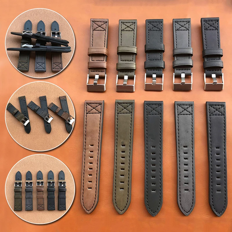 

22mm 24mm Watch Band For Men Women Genuine Leather Straps Watch Accessories Retro Brown Green Color Leather Watch Band Strap