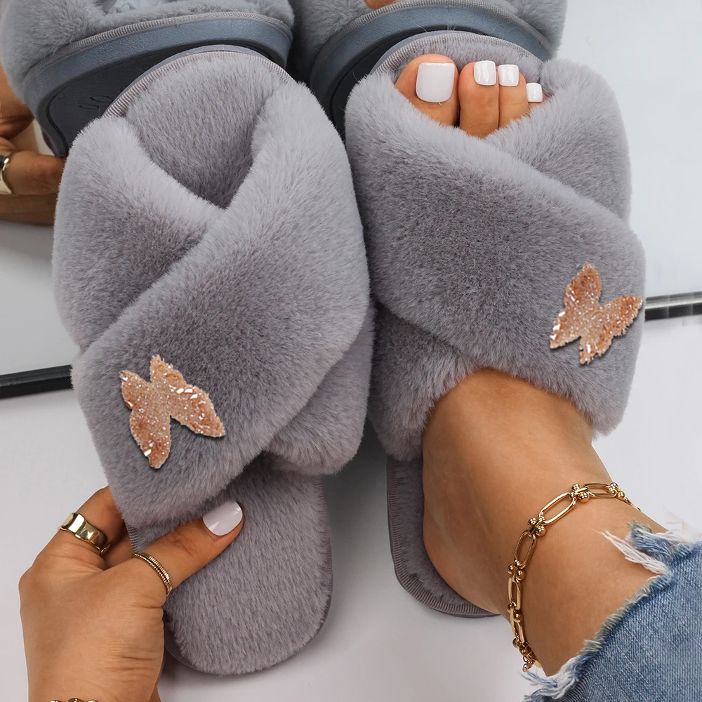 Women Fluffy Slippers Female Glitter Butterfly Faux Fur Slides Flat Fur Sandals Flip Flops Luxury Designer Winter Slippers Shoes