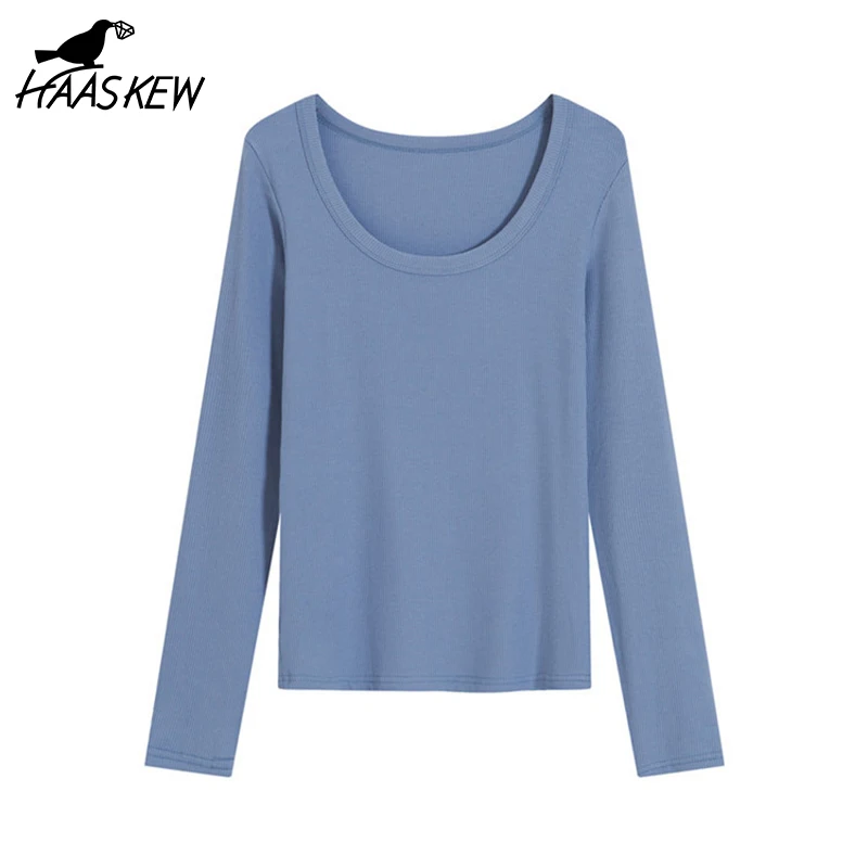 

HAASKEW Casual Slim Fit Basic Sweater Women Autumn Knitted Long Sleeve Pullovers Female Bottoming Jumpers Black White Tops 2021