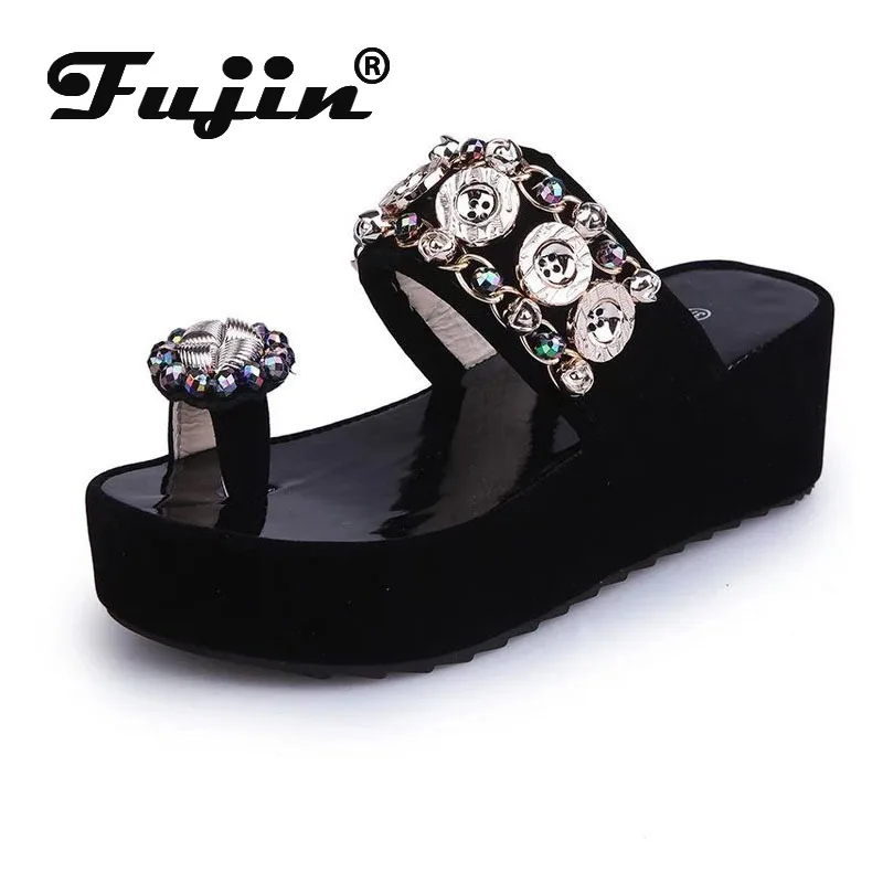 

Fujin 2021 Ins Fashion Cute Women Sandals Platform Rhinestone Women Summer Shoes Thick Heel Wedge Flip Flop Slides Slippers